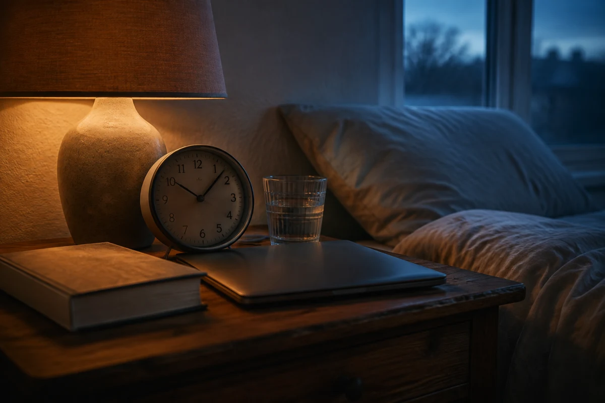 A bedside table with an analogue clock, closed laptop, book, glass of water, and warm lamp before dawn.