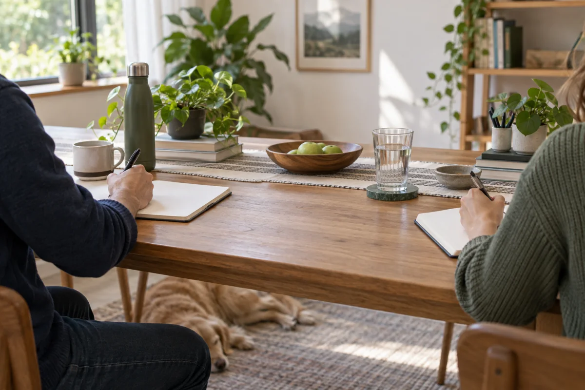 Two people writing in notebooks at opposite ends of a table, with a dog resting underneath.