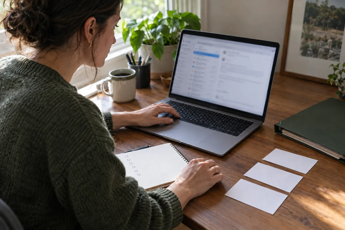 An adult at a laptop beside a notebook with empty checkboxes and three blank cards.