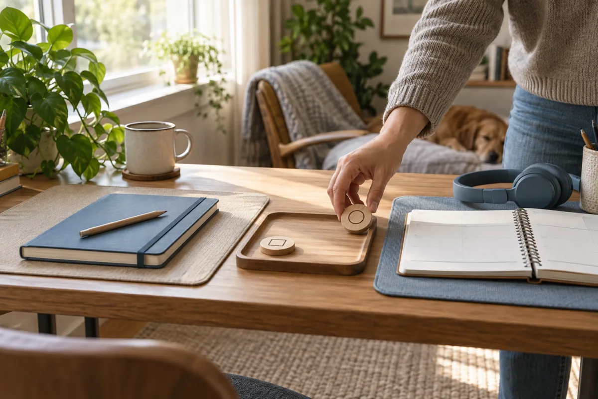 A hand moving a wooden token between two work areas with a notebook, planner, headphones, and water on a sunlit desk.