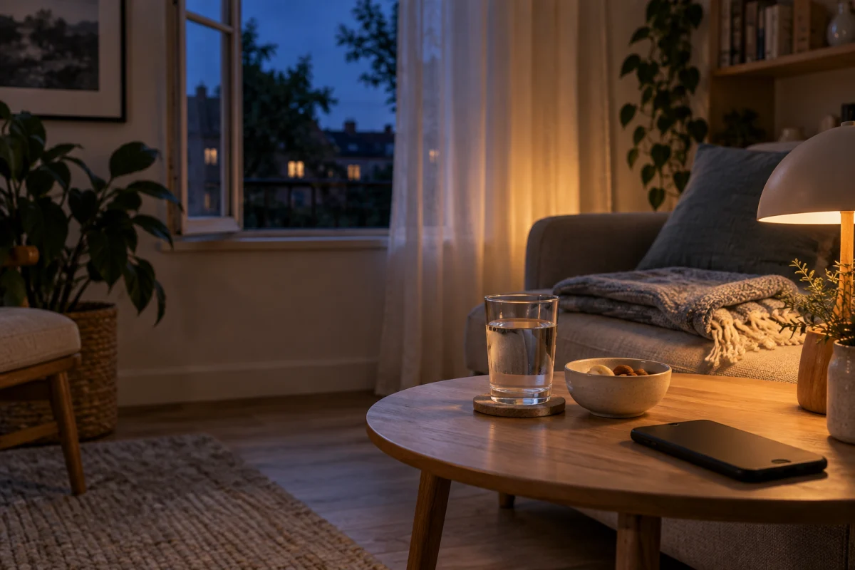 A glass of water, small bowl of food, folded blanket, dim lamp, and face-down phone in a calm living room at dusk.