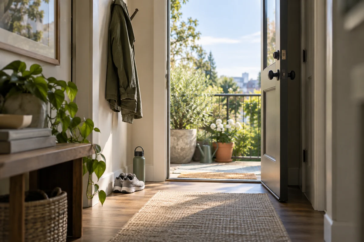 An open apartment door leading to a bright balcony, with comfortable shoes, a jacket, and water bottle near the threshold.