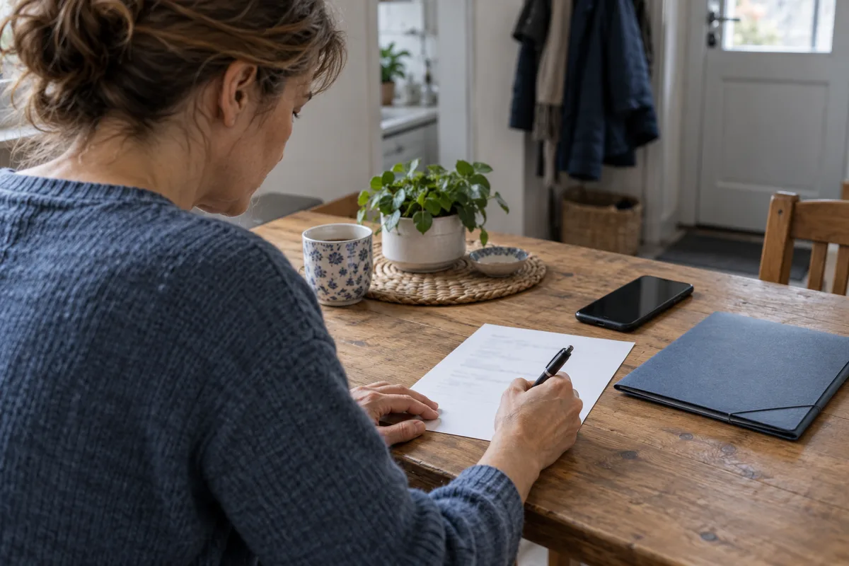 An adult writing a short note at a kitchen table beside a closed folder and a phone.