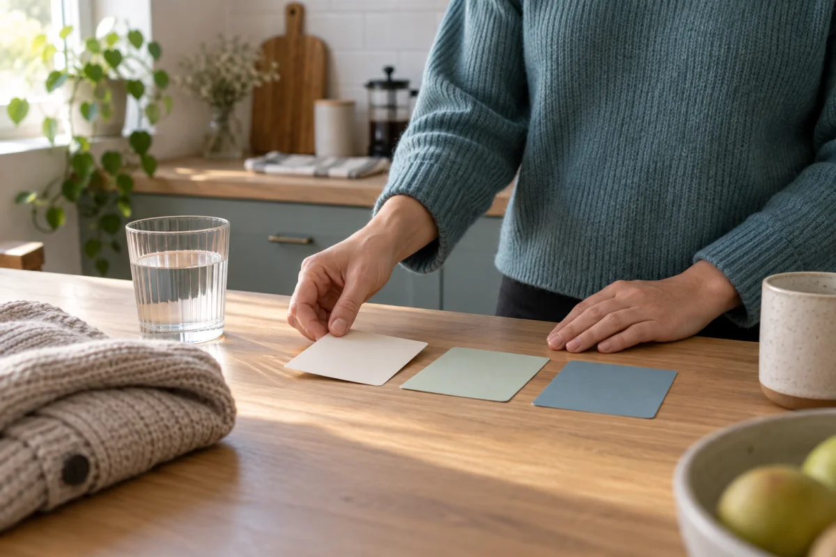 Hands arranging blank colored cards beside a glass of water, folded cardigan, and mug on a bright kitchen table.