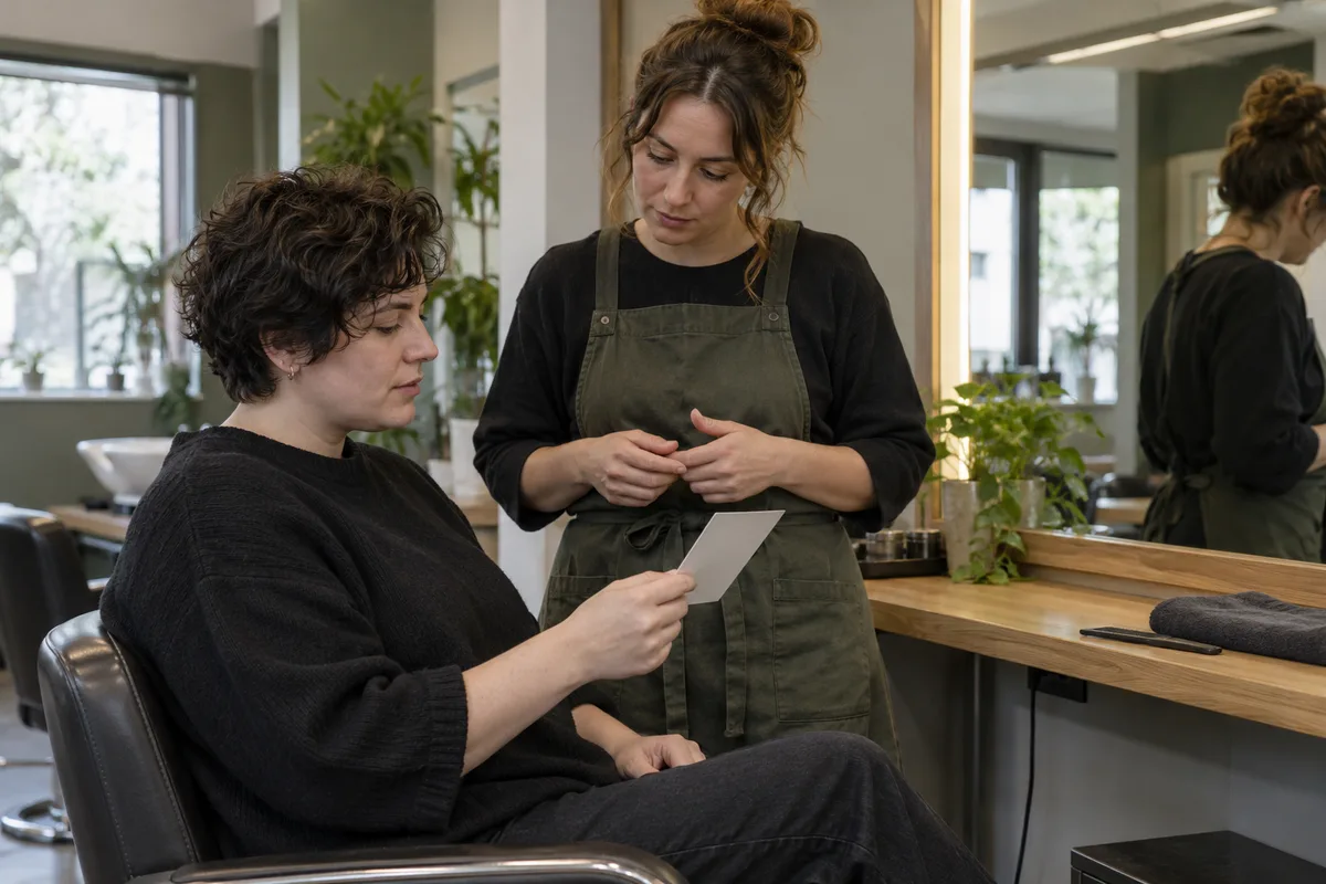 A seated salon client and a stylist looking at a small card before a haircut.