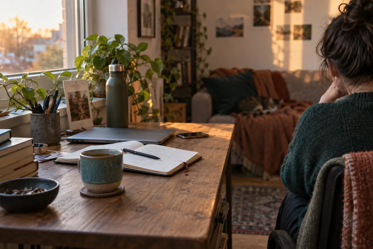 Adult seen from behind pausing at a home desk beside an open notebook and cup of tea in warm afternoon light.