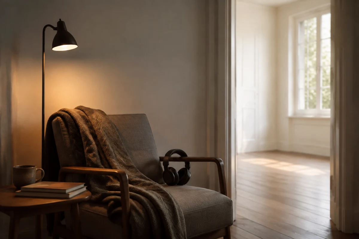 A quiet corner with a cushioned chair, folded blanket, headphones, dim lamp, and an open doorway to a brighter room.