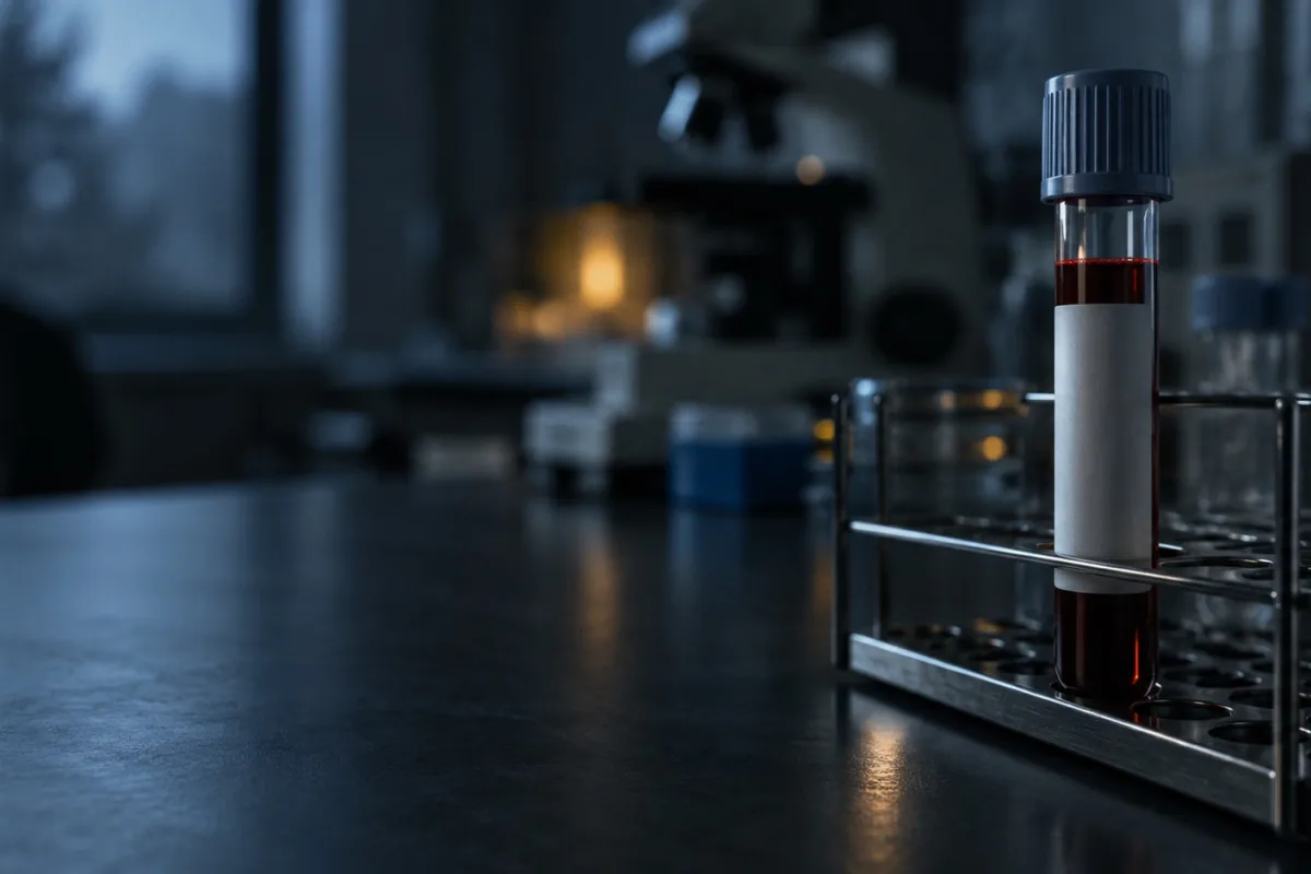 Un tubo cerrado con líquido rojo y etiqueta en blanco colocado en una gradilla sobre una mesa de laboratorio.