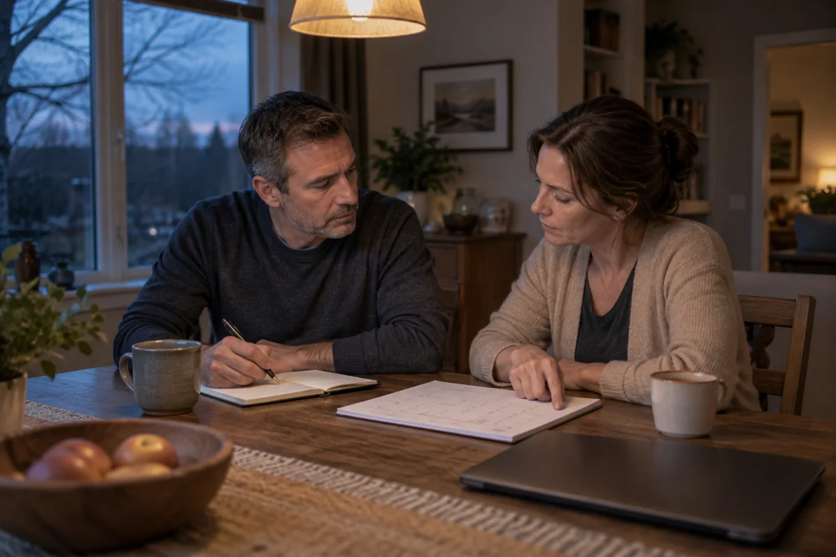 Two adults discussing a notebook and calendar at a dining table beside a closed laptop.