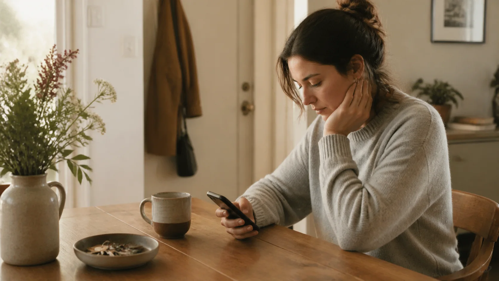 A person looking at a phone while seated at a quiet table with a mug and shallow bowl.