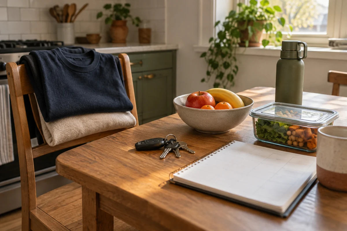Folded clothes, fruit, keys, a blank weekly planner, water bottle, and prepared lunch on a warm kitchen table.