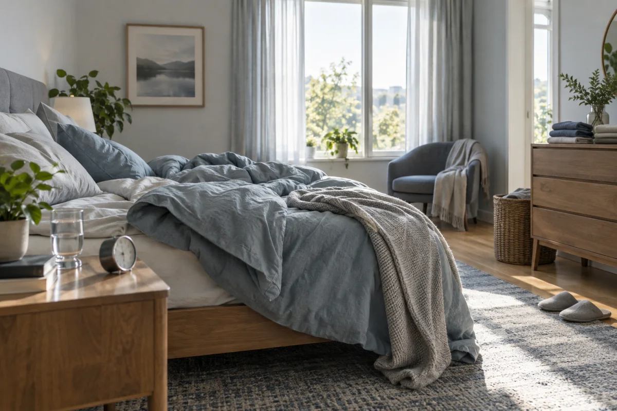 A rumpled bed in late-morning daylight with water, a small clock, folded clothes, and slippers nearby.