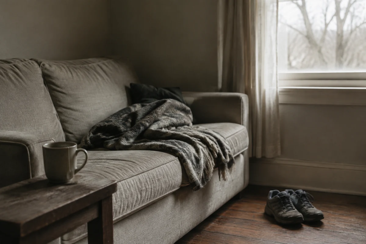 A sofa with a rumpled blanket, a cup on a side table, walking shoes, and pale daylight through a nearby window.