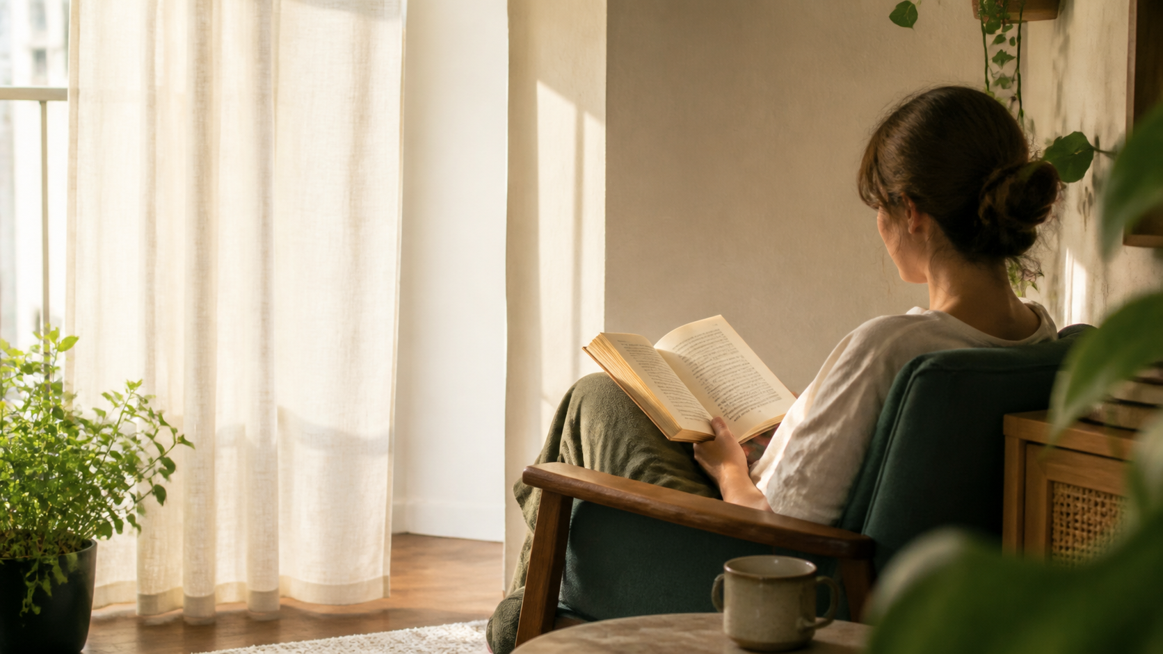 A person reading in an armchair beside a sunlit window and houseplants.