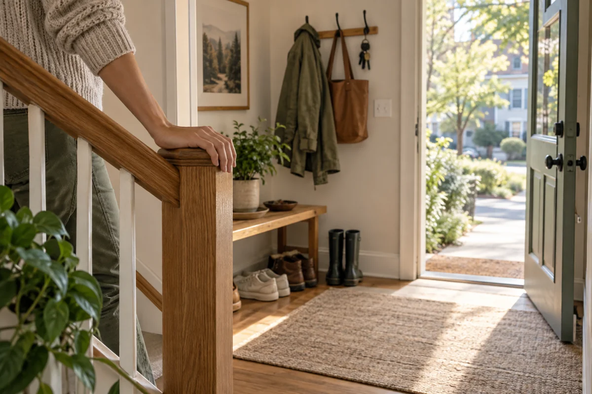A hand resting on a wooden stair rail in a bright entryway with shoes, keys, coat, plants, and an open front door.