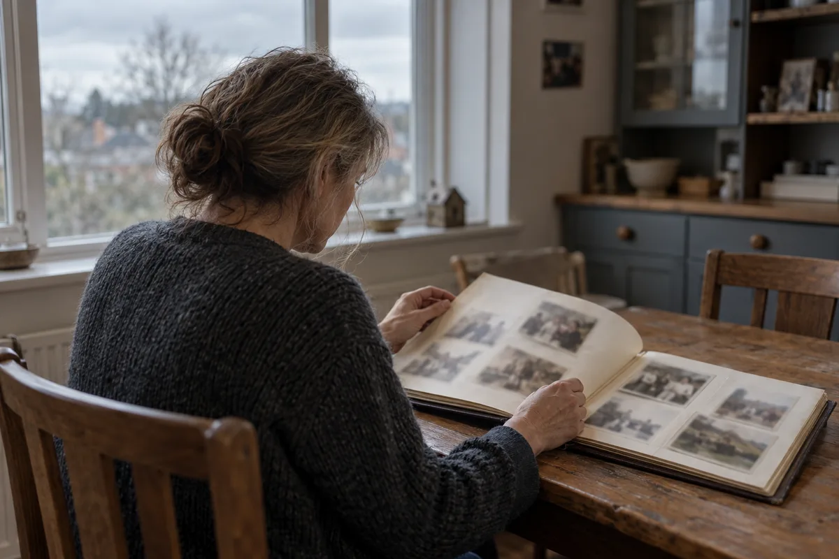 An adult turning the pages of a family photo album at a kitchen table in overcast daylight.