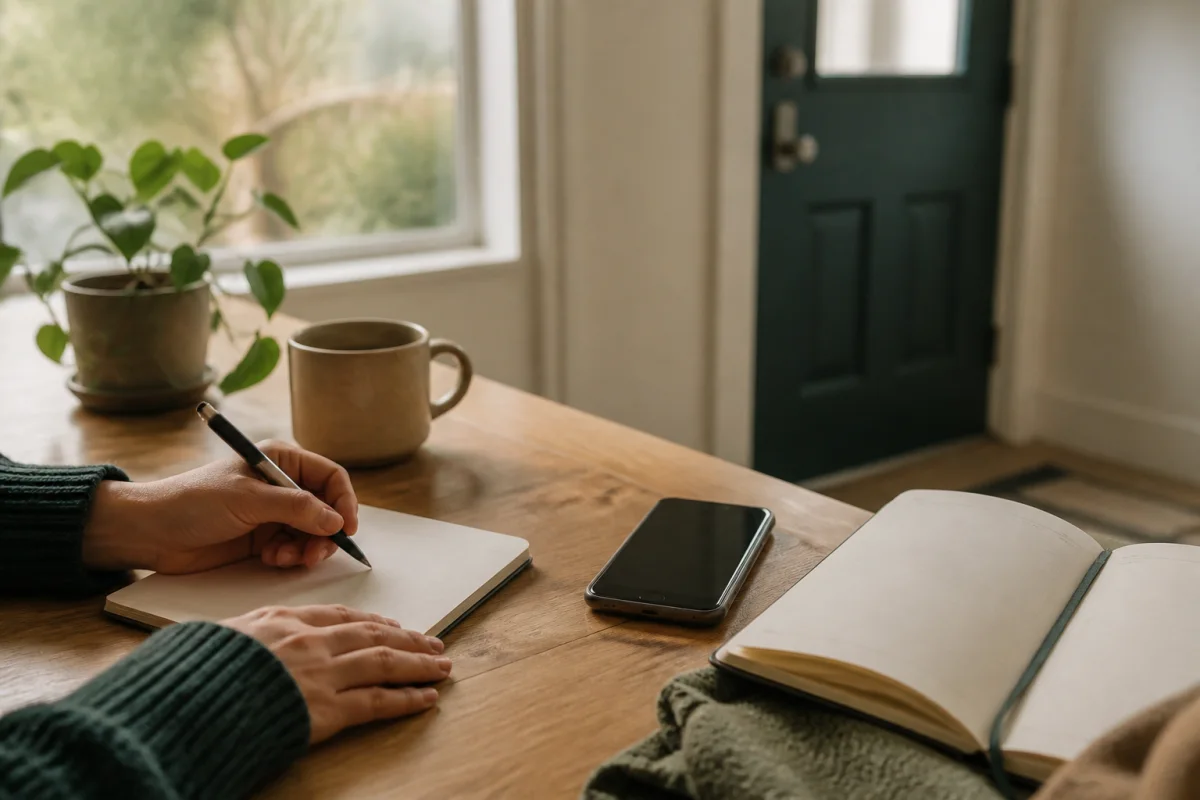 Hands writing a short note at a wooden table beside a phone, planner, mug, plant, and front door.