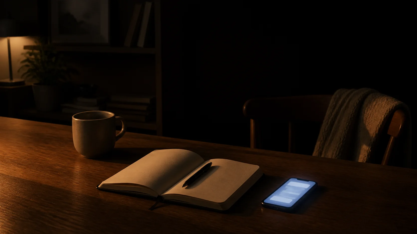 A glowing phone beside an open blank notebook and mug on a table in a dark room.