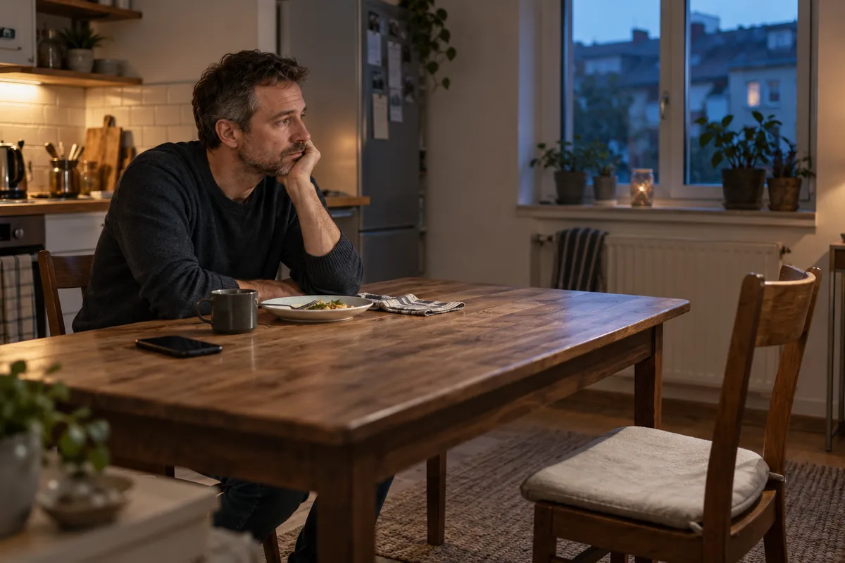 An adult sitting at a kitchen table opposite an empty chair in the early evening.