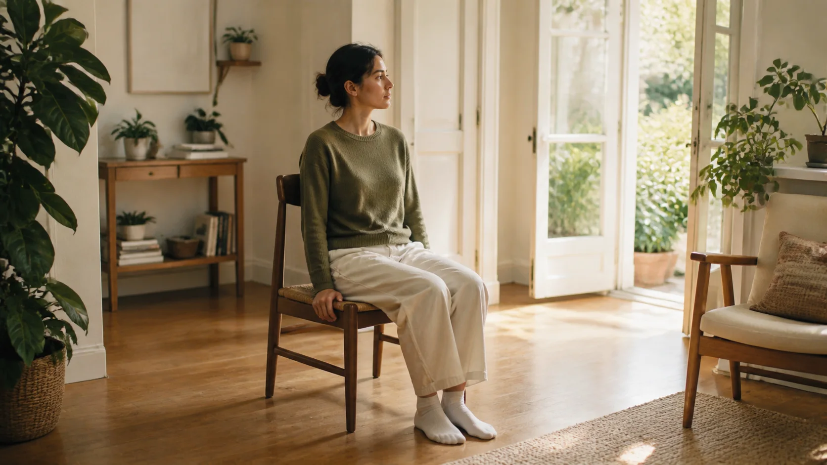 A person sitting upright in a bright room, looking toward open garden doors.
