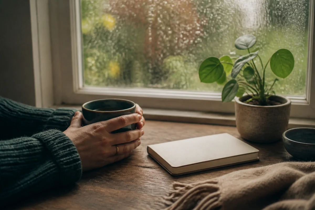 Hands around a mug beside a blank journal and small plant by a rain-speckled home window.