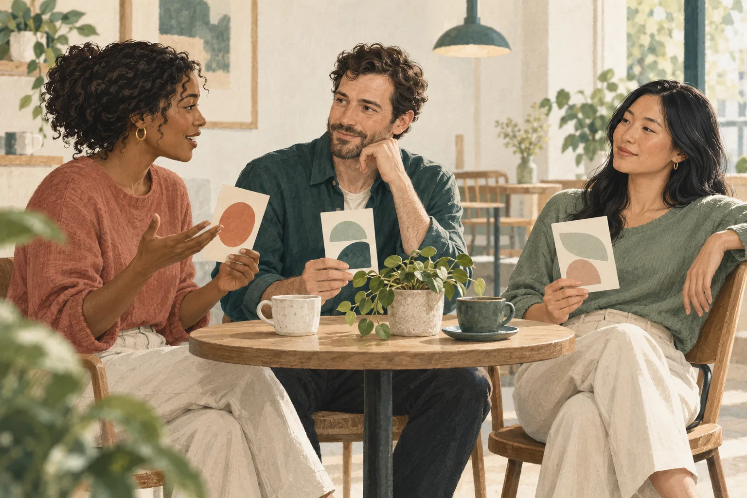 Three illustrated adults exchange cards with abstract colored shapes around a cafe table with cups and a plant.