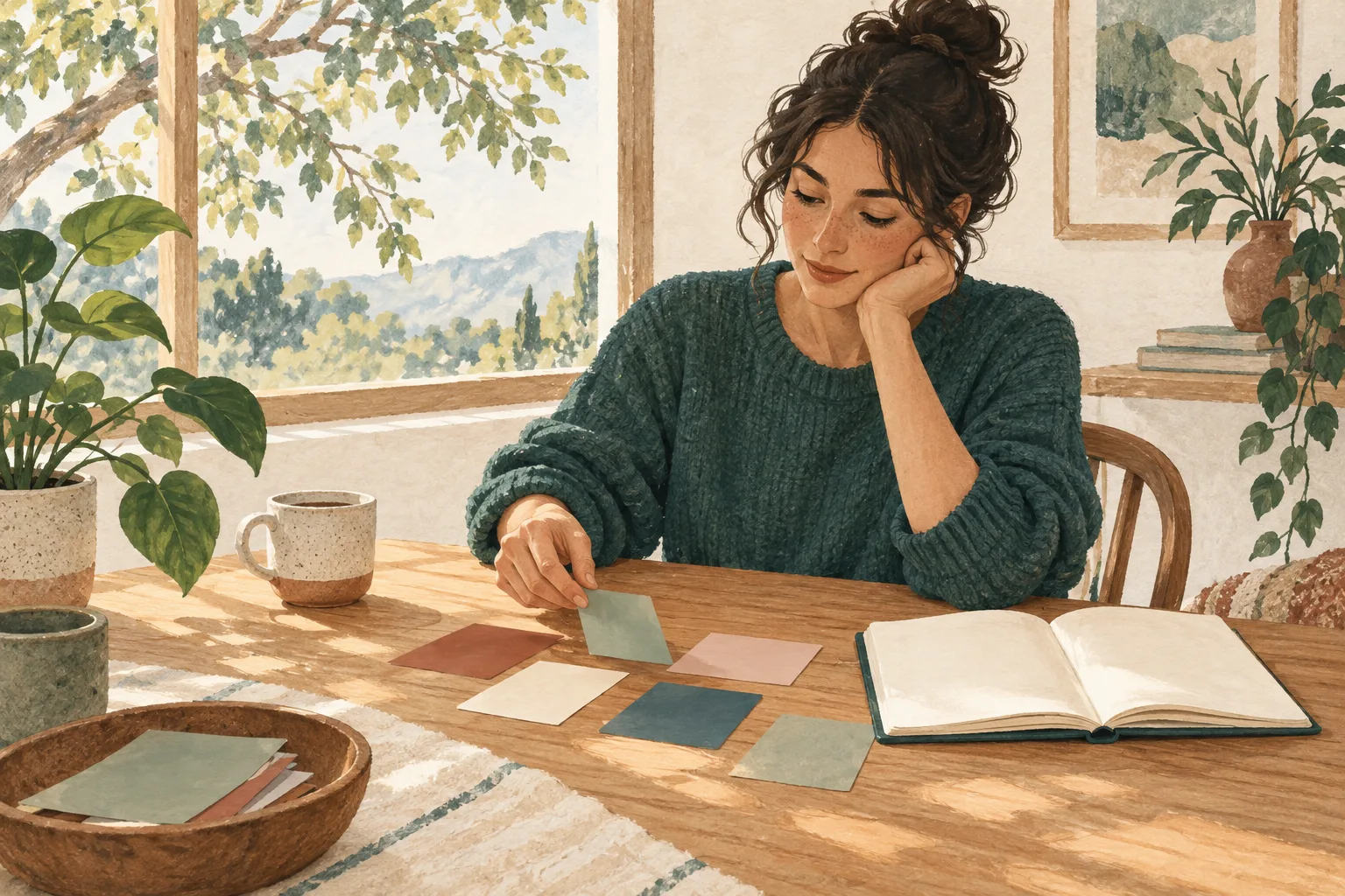 A woman reflecting over an open journal and colored cards at a sunlit table.