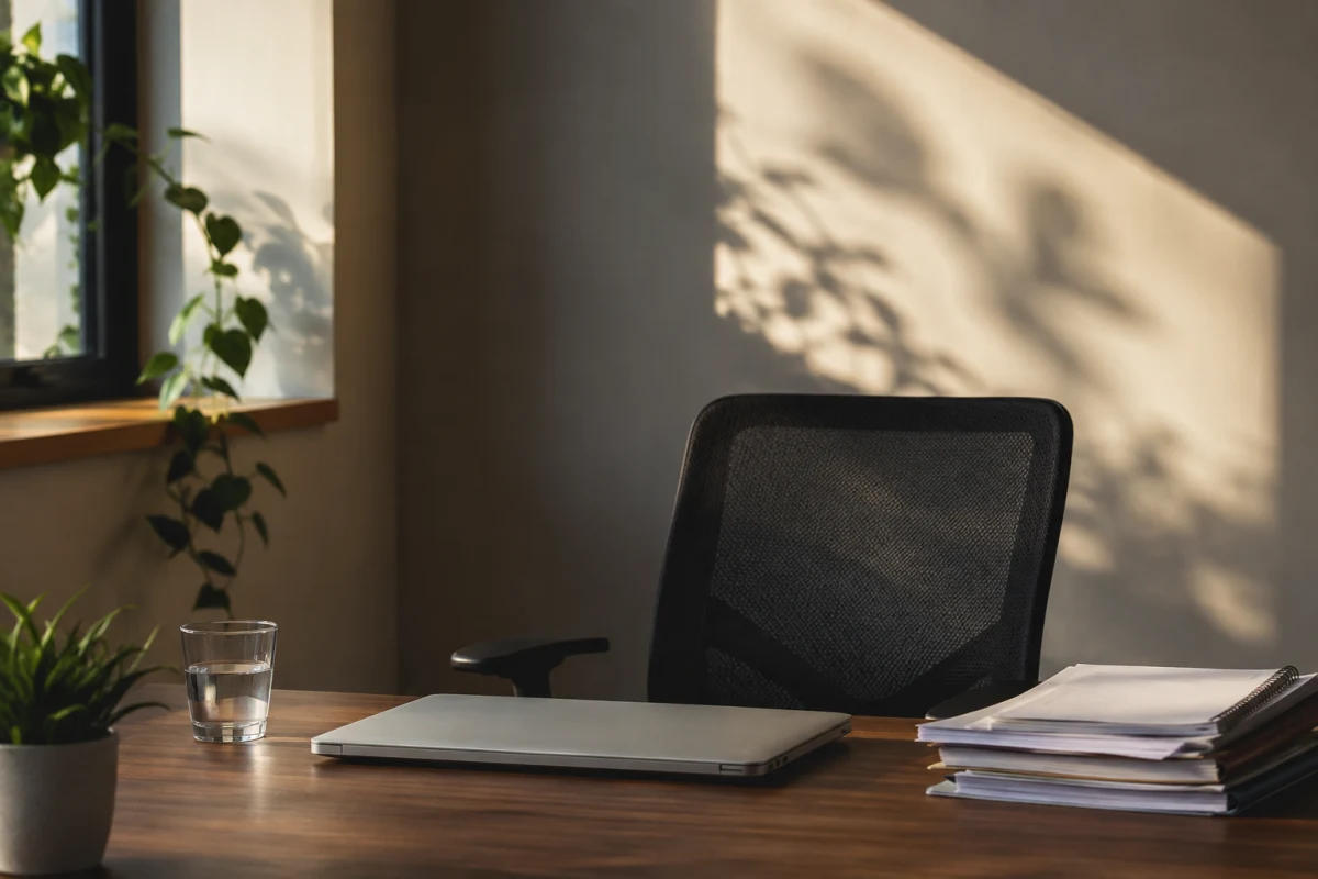 An empty office chair beside a laptop, water glass, plant, and stacked papers in gentle afternoon light.