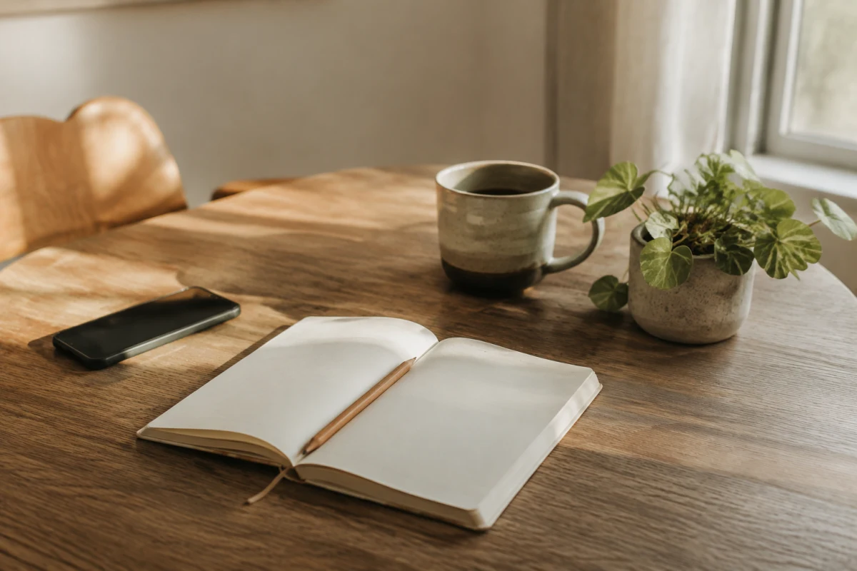 A blank journal, pencil, face-down phone, mug, and small plant arranged on a calm breakfast table.