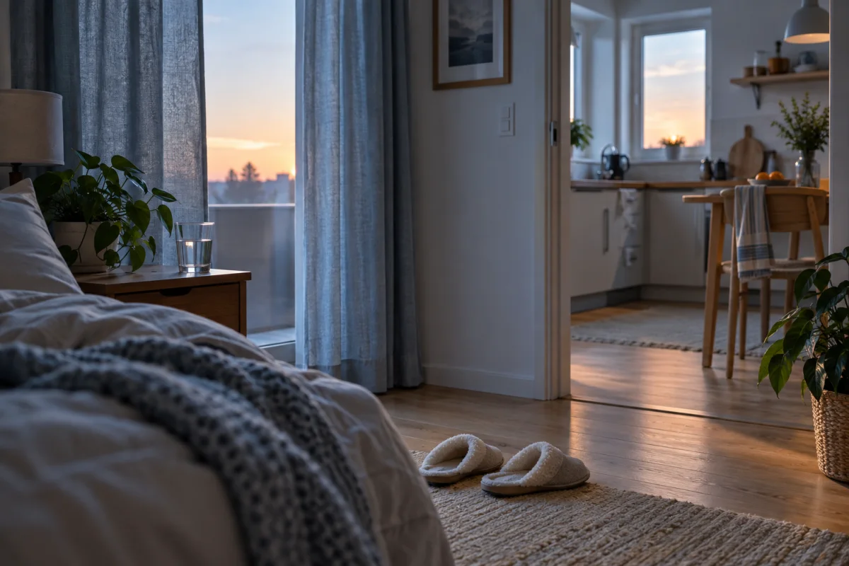 An early-morning view from a bedroom toward a softly lit kitchen, with slippers and a glass of water near the doorway.