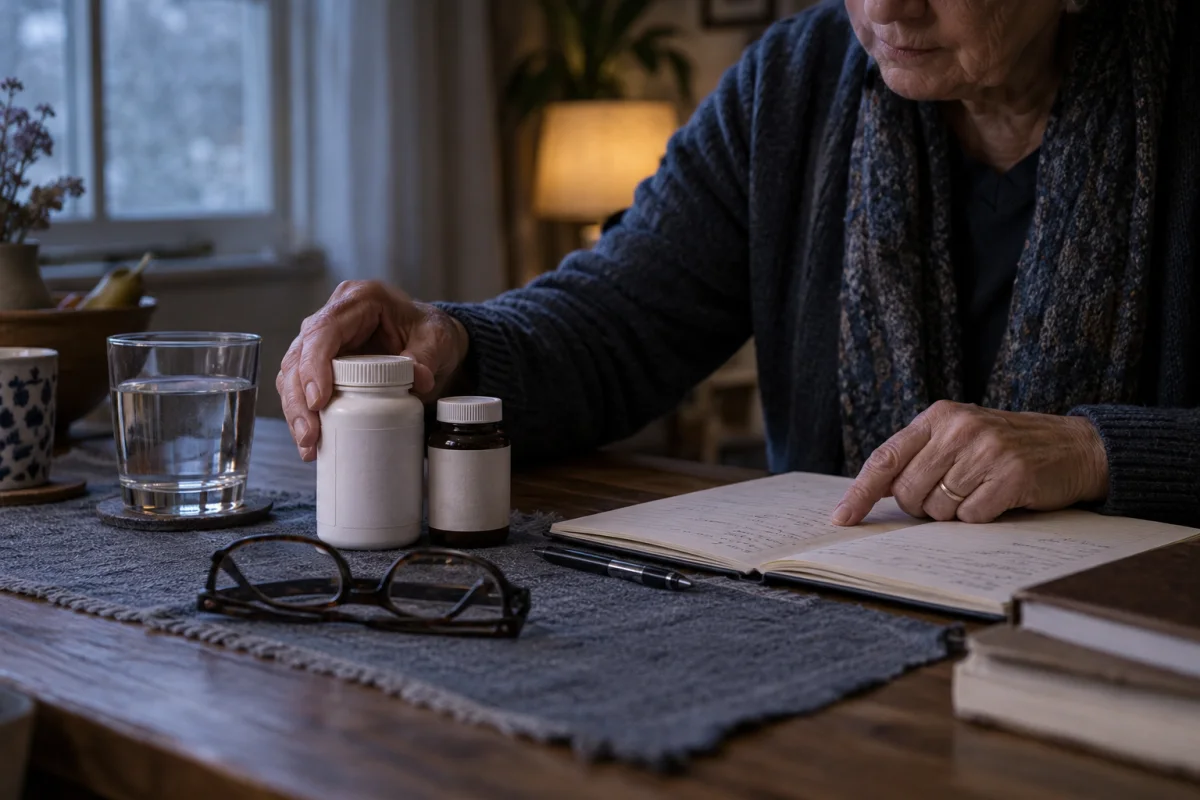 Hands arranging plain medicine containers beside a notebook, reading glasses and a glass of water.