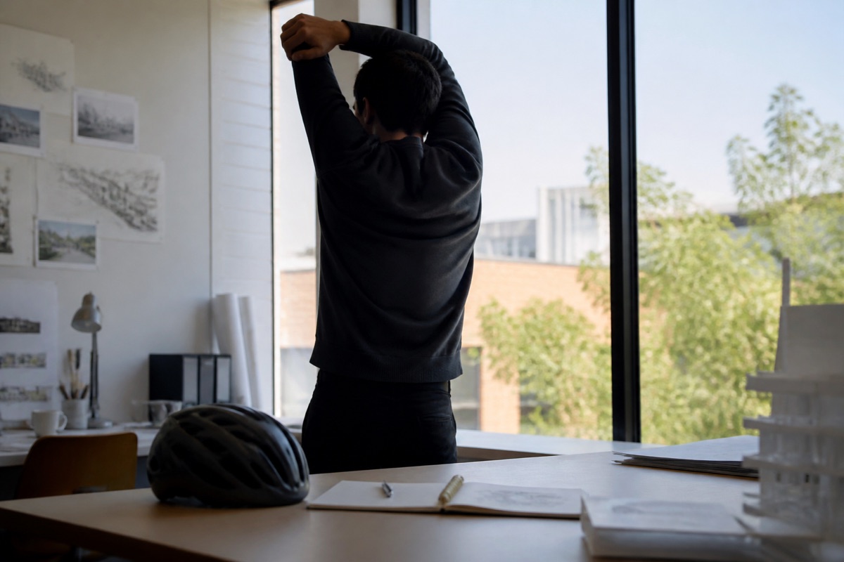 A person stretching beside a desk and large window, with a notebook and bicycle helmet in the foreground.