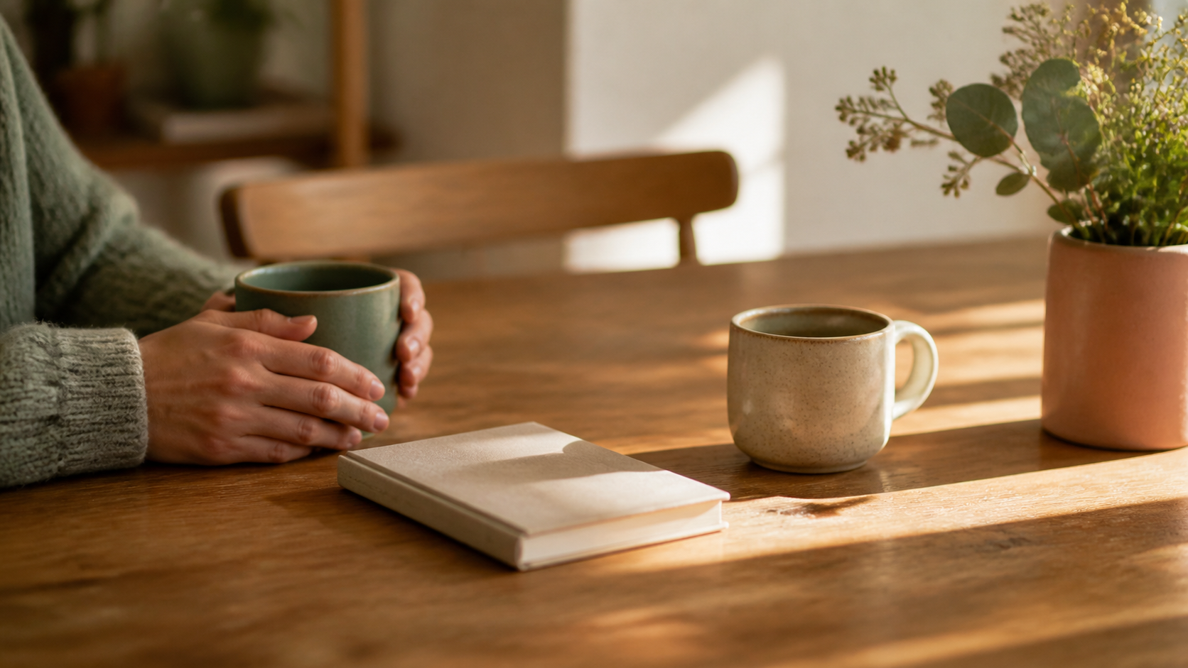 A person holding one of two cups beside a closed notebook on a warmly lit table.