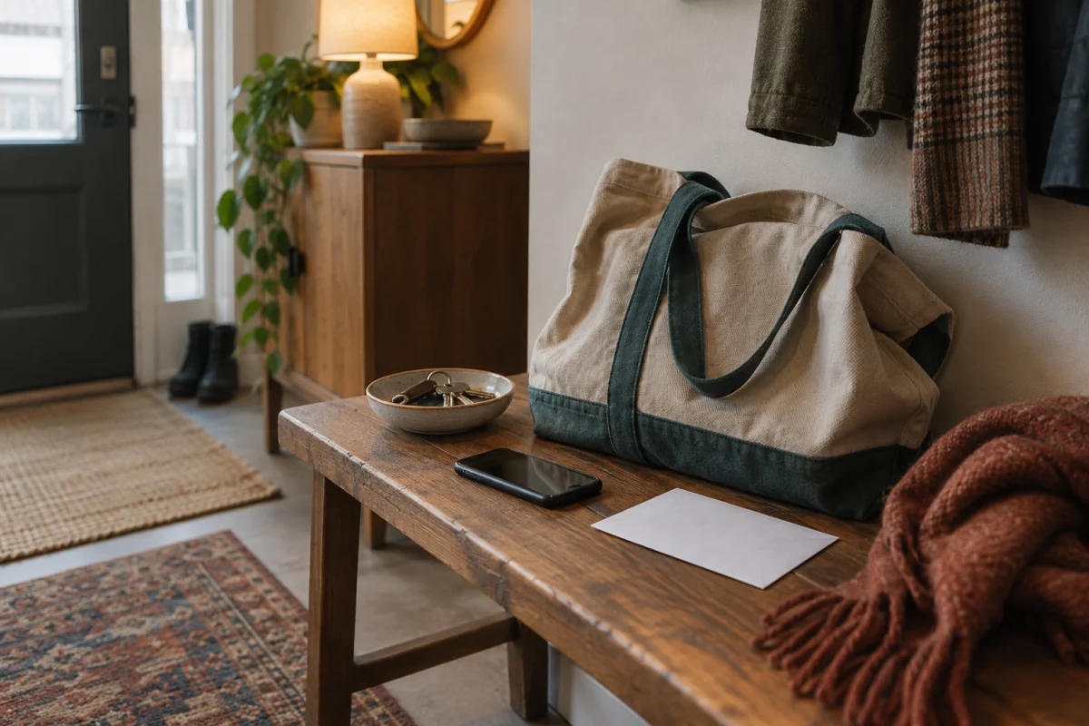 A canvas bag, face-down phone, keys, plain envelope, and warm scarf resting on a wooden entryway bench.