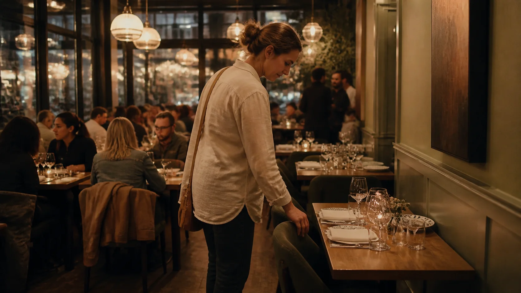 A person standing beside a set table in a busy restaurant with diners and warm pendant lights.