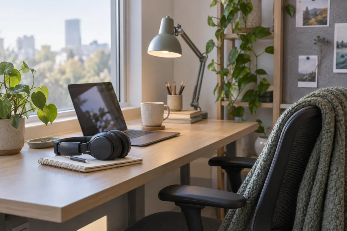 Quiet office corner with an adjustable lamp, headphones, and a notebook beside a window in soft daylight.