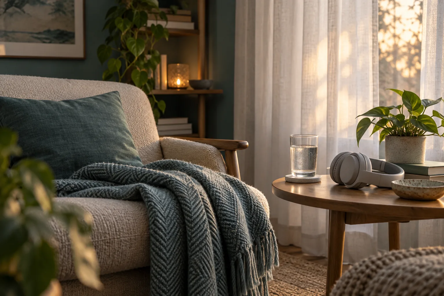A quiet armchair with a folded blanket beside a table holding headphones and a glass of water in warm window light.