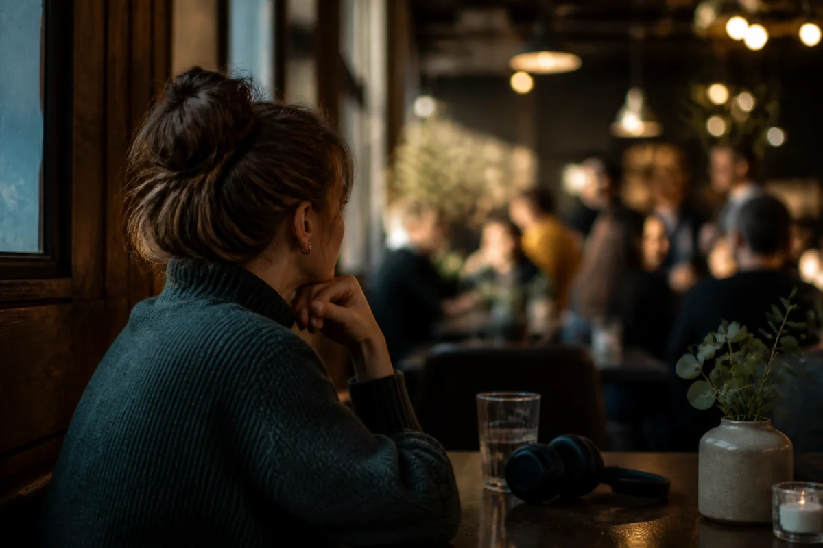 An adult at a café table with headphones and water while warm lights and other diners blur in the background.