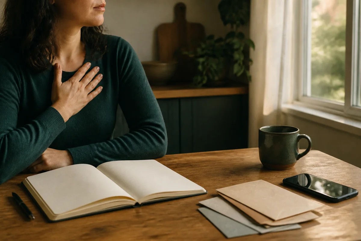 A hand beside a blank notebook, unmarked envelopes, a turned-off phone, and window light on a kitchen table.