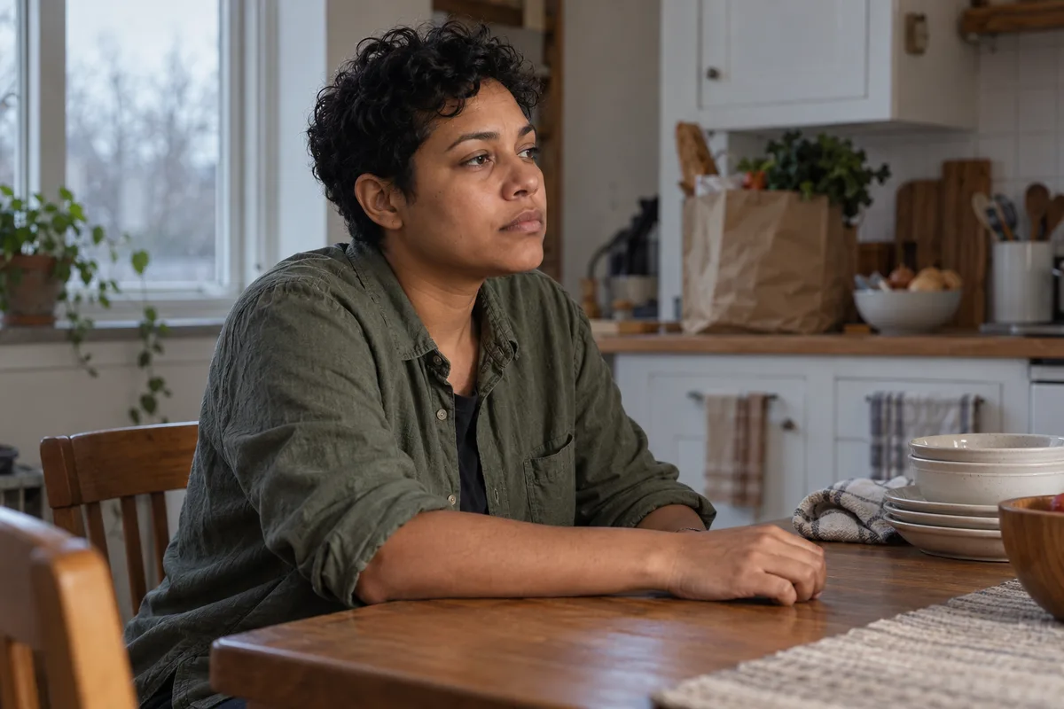 An adult sitting quietly at a kitchen table, with clean dishes and a grocery bag nearby.