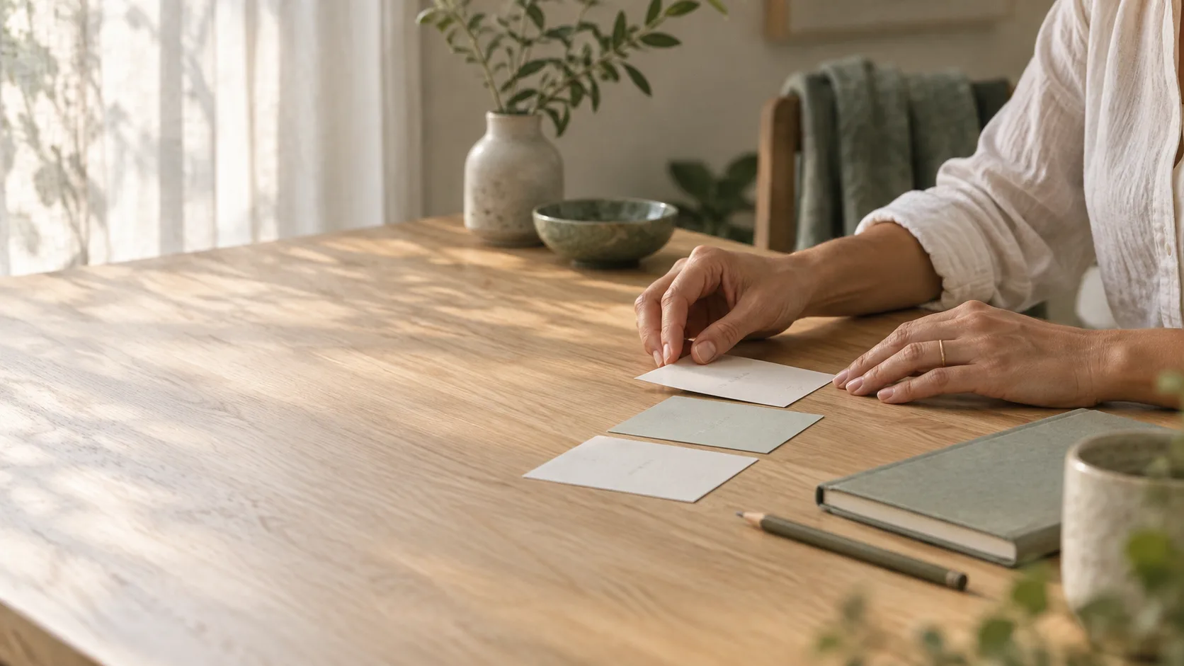 Hands arrange three blank cards on a table beside a notebook.