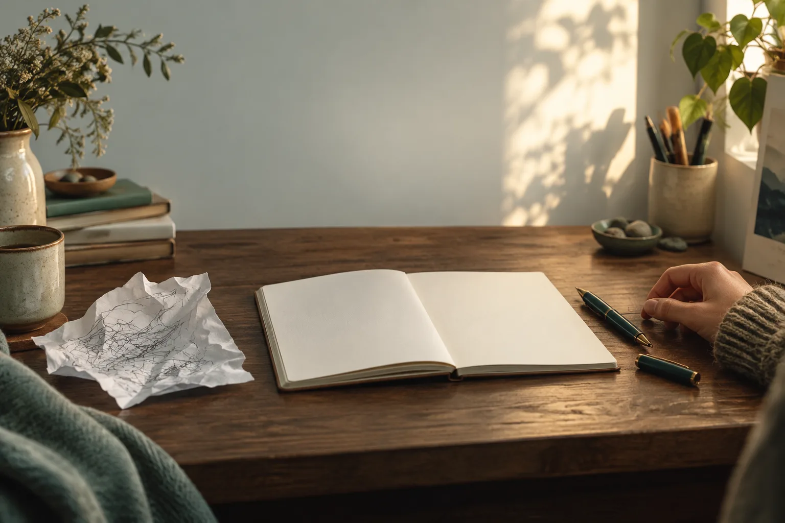 An open blank notebook and pen on a sunlit wooden desk beside a crumpled sheet of paper and a cup.