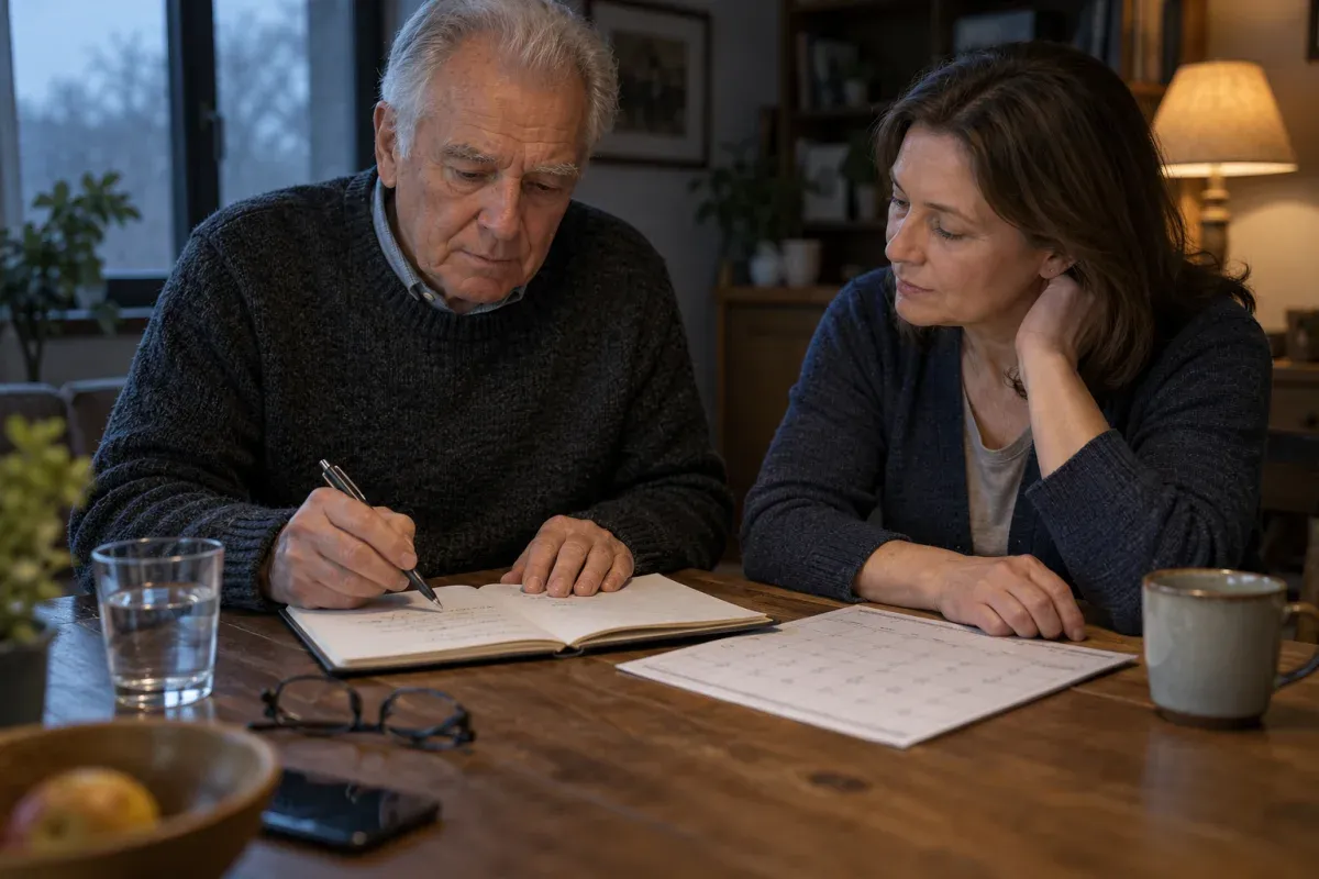 Two people organizing notes together at a table.