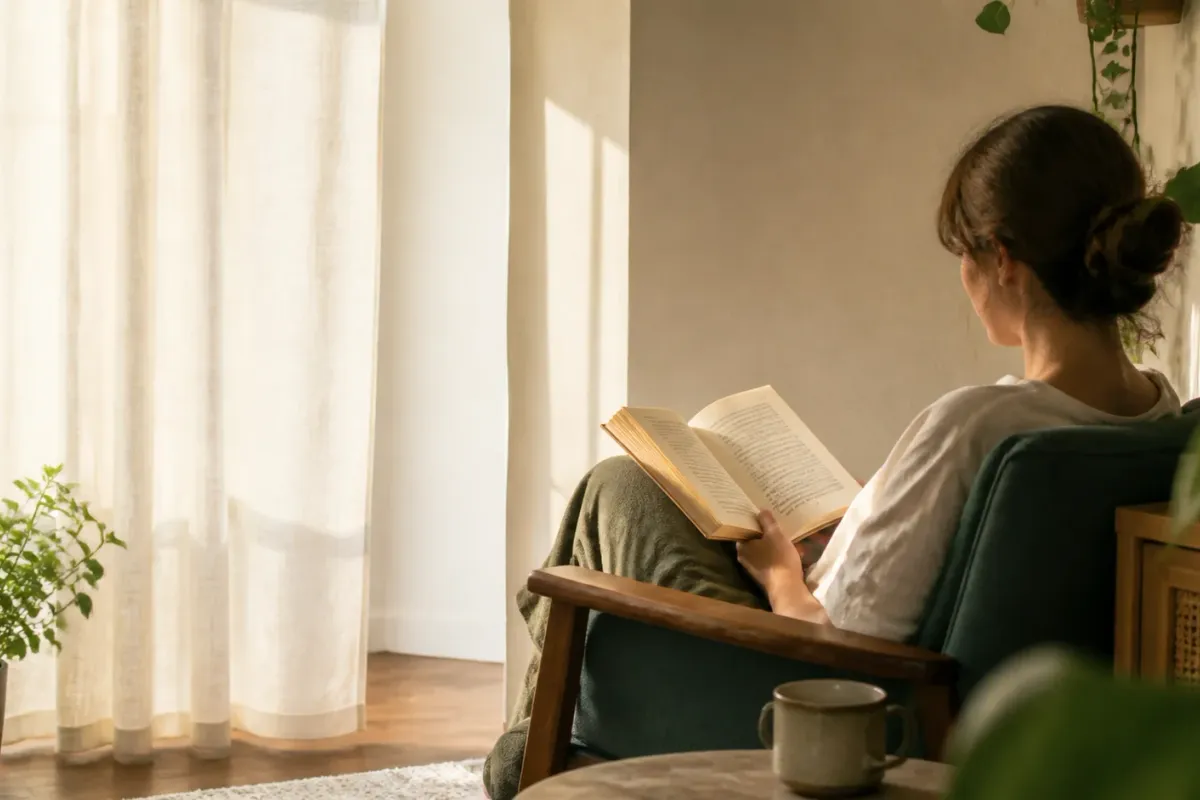 A person reading beside a window.