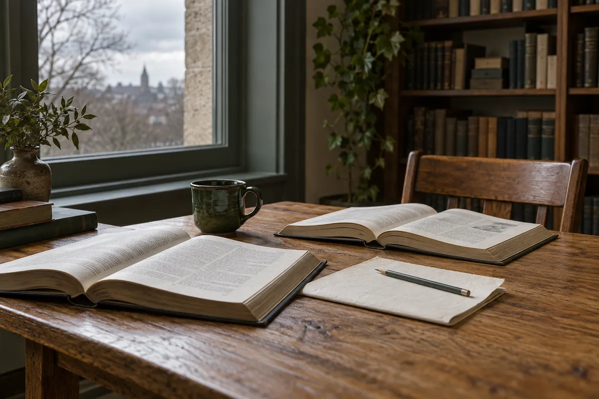Open reference books and a pencil on a quiet reading table.