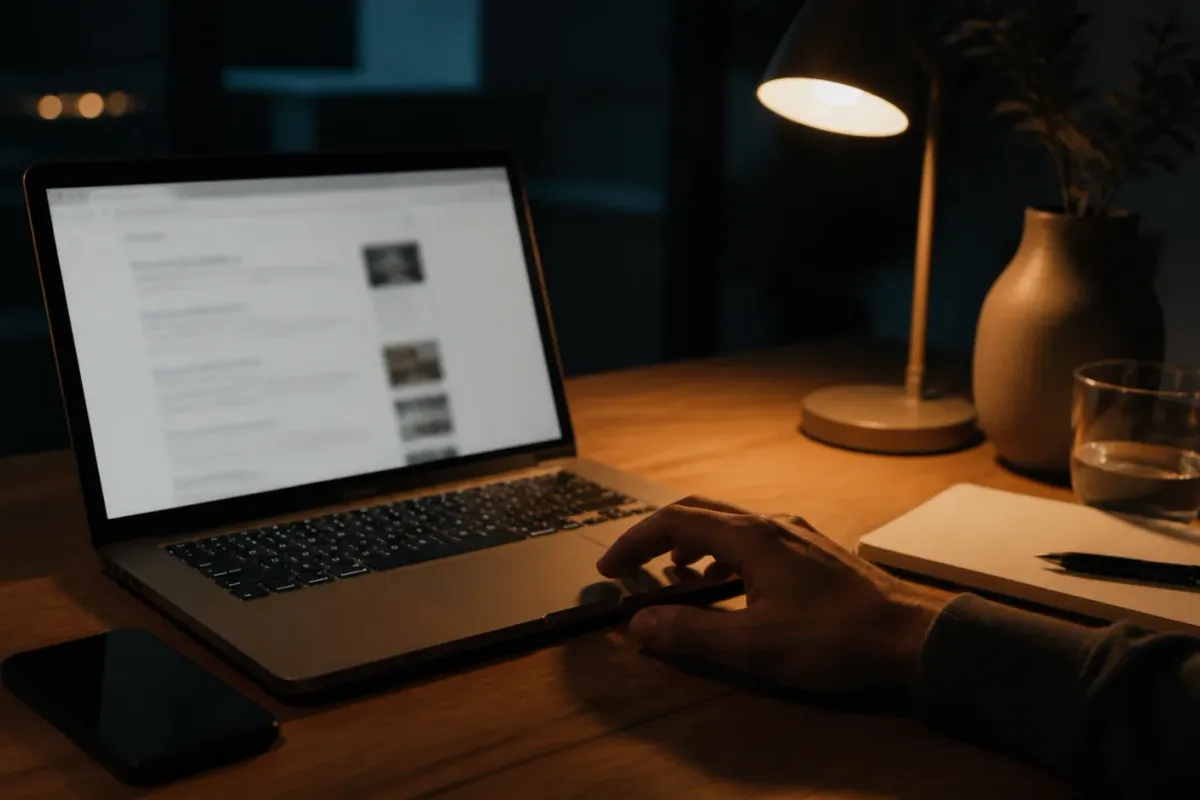 Uma pessoa busca informações em uma mesa iluminada por uma luminária.
