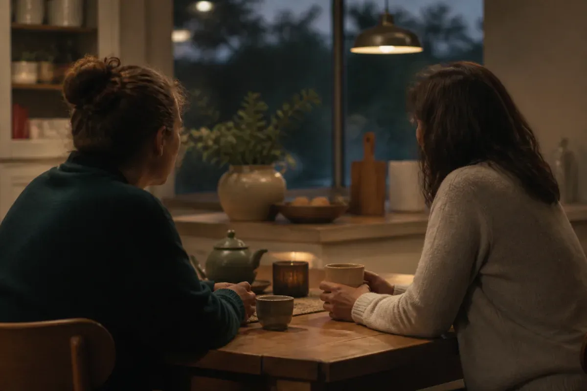 Two people sitting together in a quiet conversation.