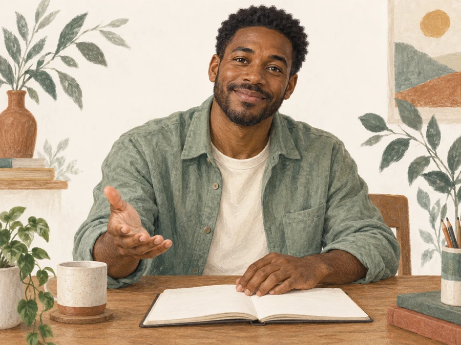 A man making a welcoming gesture beside an open notebook.