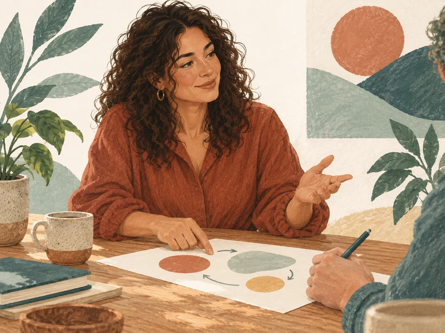 A woman discussing a simple paper plan at a table.