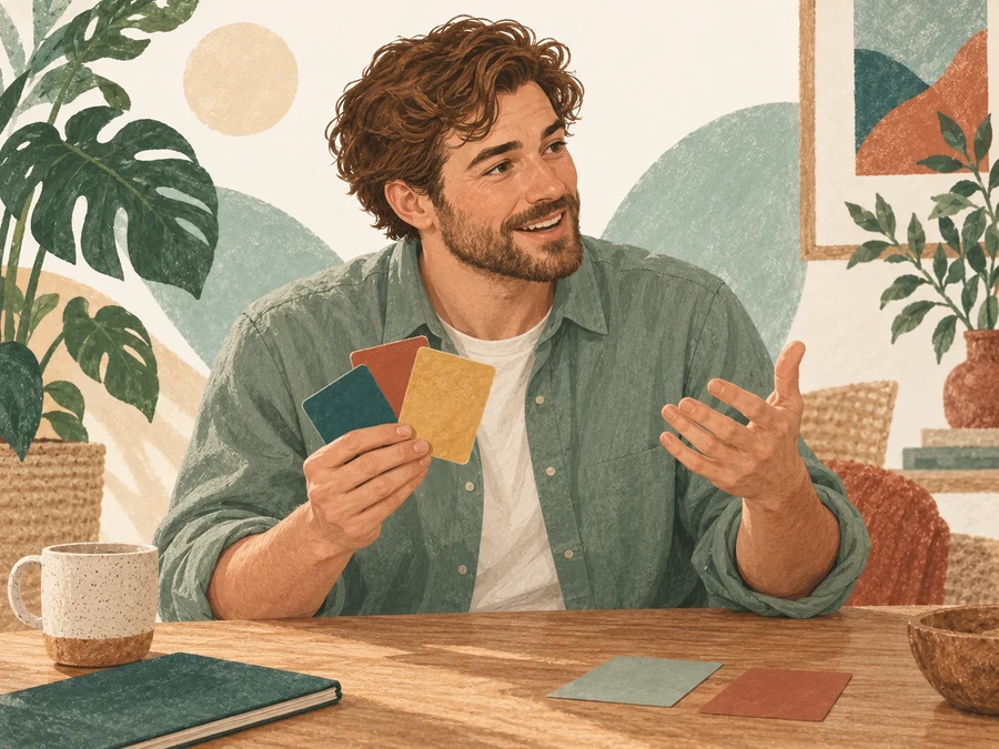 A man sharing an idea with overlapping blank colored cards in his hands.